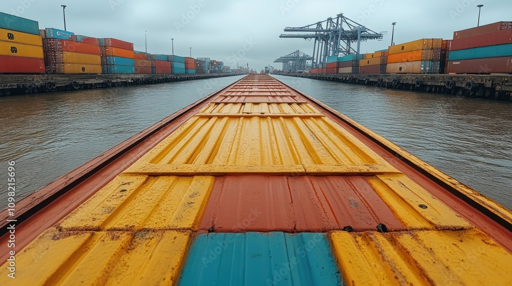 Poster a view from the deck of a cargo ship sailing between rows of colorful shipping containers.