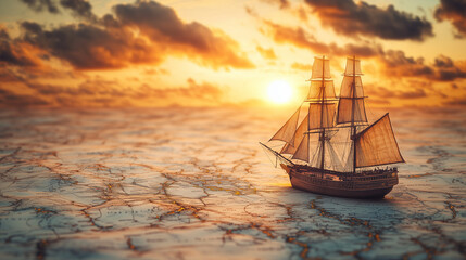 Obraz premium A charming model ship sails on a vintage map at sunset, evoking a sense of adventure and exploration through time and sea