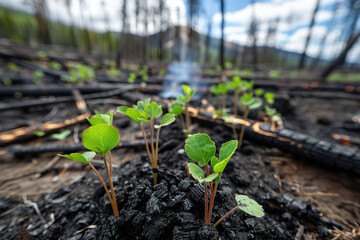 Charred forest floor gradually covered with new growth, resilience and nature&rsquo;s recovery