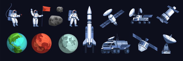 Cartoon cosmos exploration elements. Space research, rockets, satellites and lunar rover, astronauts in spacesuits, planets adventure, Earth and moon. Isolated flat objects tidy vector set © YummyBuum