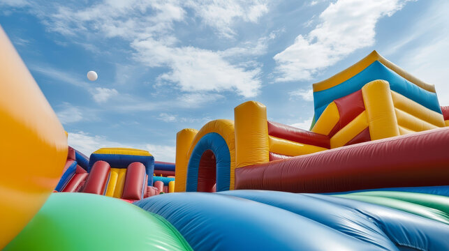 A colorful inflatable obstacle course with vibrant arches and structures under a bright blue sky, featuring playful shapes and vivid patterns. Ideal for outdoor fun.
