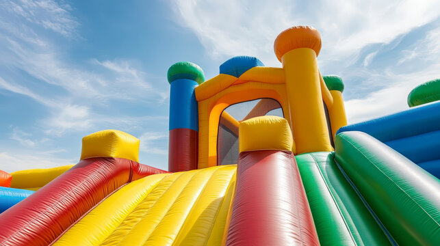 A vibrant inflatable bouncy castle set against a bright blue sky, offering fun and excitement with its colorful slides and playful design.