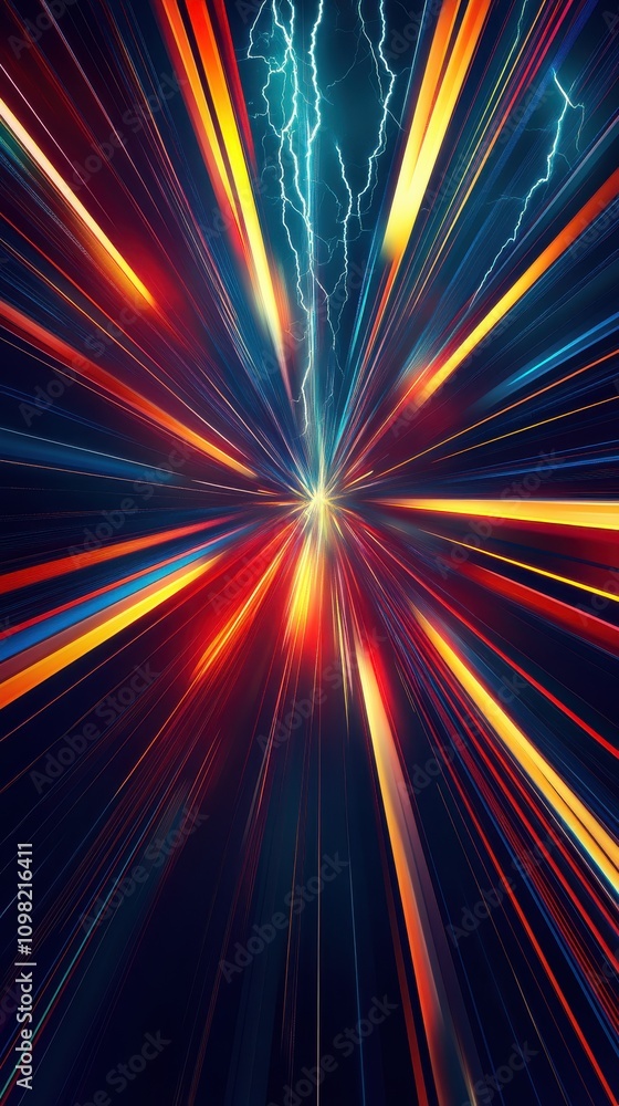 Poster an explosion of vibrant colors and light beams radiating from a central point, creating a dynamic, e