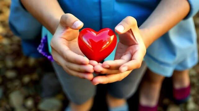 Hands holding red heart. Family health insurance, world heart day and foster home concept