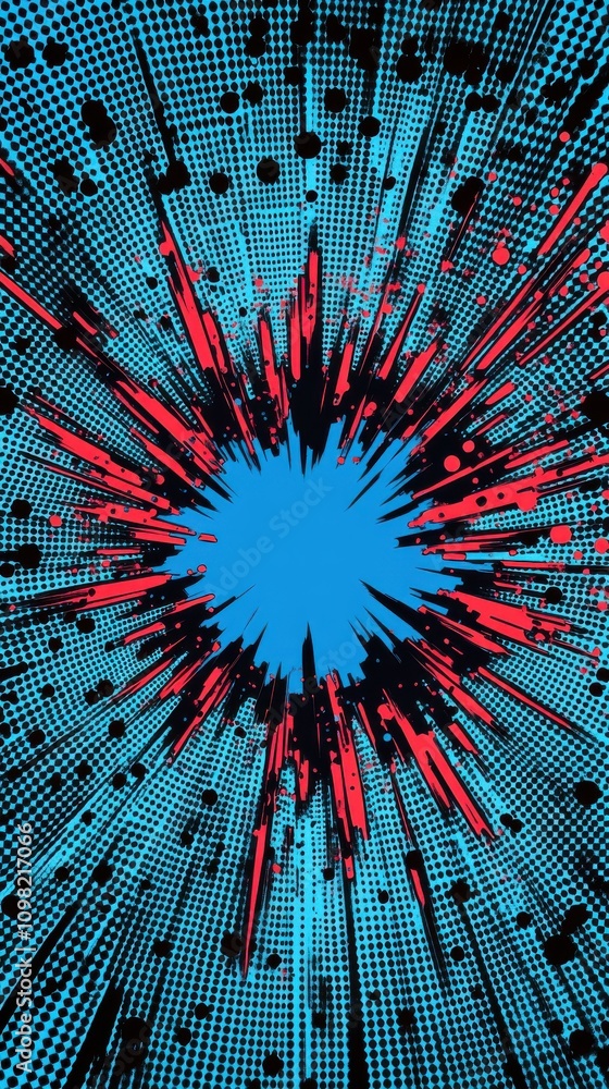 Poster dynamic explosion graphic with red and black streaks on a blue background, creating a vibrant and en