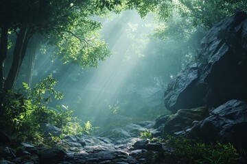 A forest with a path through it and a rock wall on the side