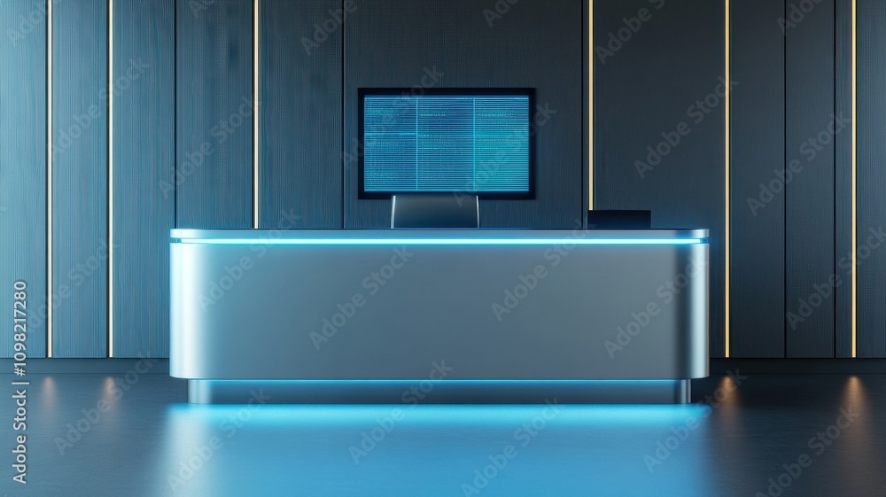 Poster modern reception desk with bright lighting and computer setup.