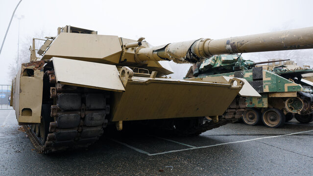 Exhibition of trophy and captured damaged military equipment. Vehicles M1 Abrams tank
