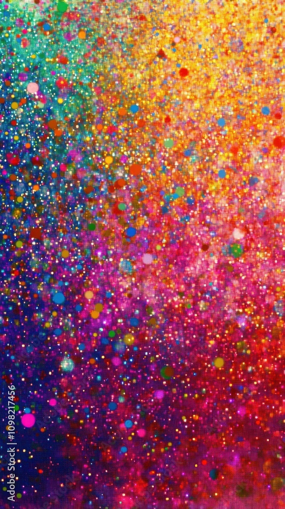 Poster vibrant abstract background with colorful dots and glitter creating a festive atmosphere.
