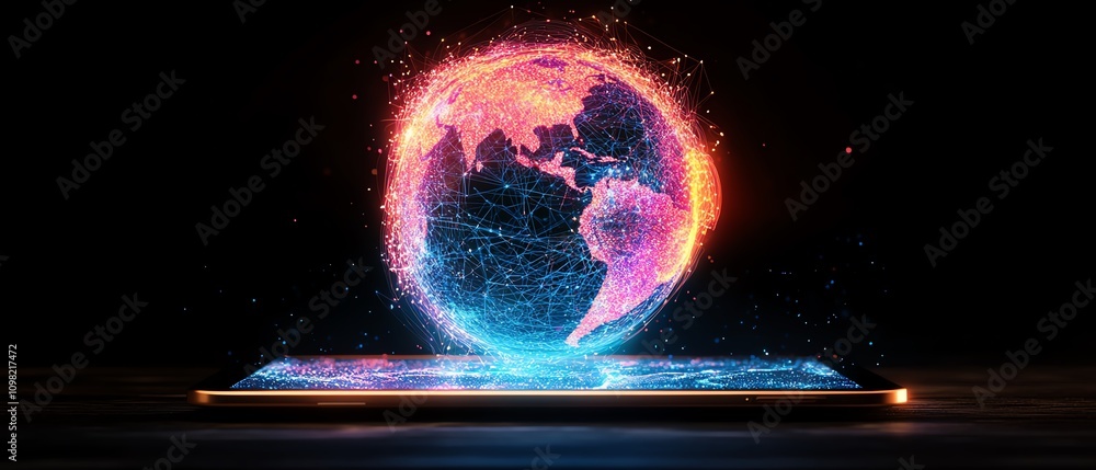 Poster digital globe on a tablet with glowing lights, symbolizing global innovation and advanced technology