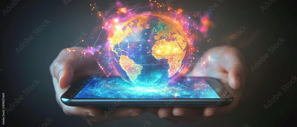 Poster digital globe on a tablet with glowing lights, symbolizing global innovation and advanced technology