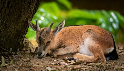 a cute baby lbex sleeping under the tree.