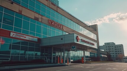 Obraz premium A large hospital building with an emergency entrance and signage.