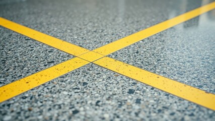 Fototapeta premium A close-up view of a textured, speckled surface with two yellow lines intersecting in the middle, forming a crisp X.