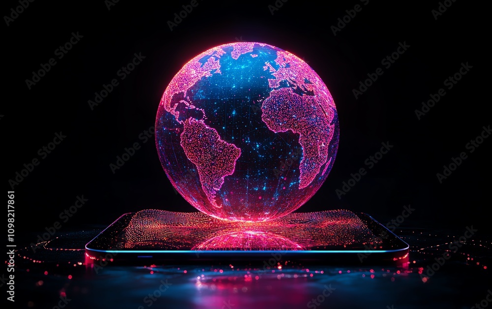 Poster digital globe with glowing lights displayed on a tablet, symbolizing global technology and innovatio