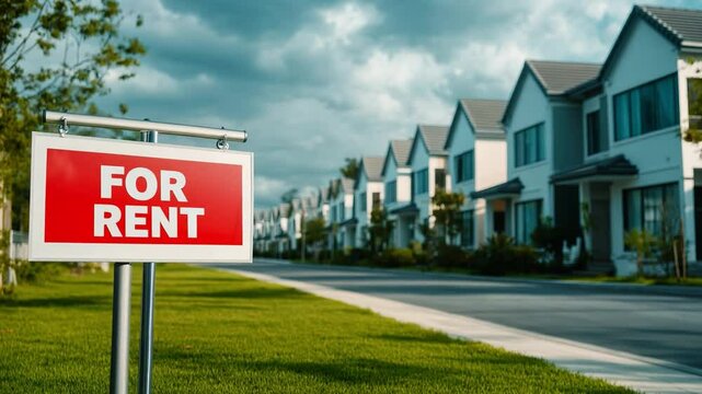 A serene neighborhood featuring contemporary homes ready for rent with red and white sign. Real estate rental offers