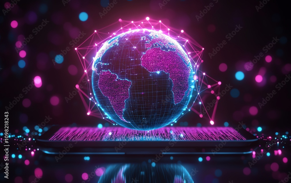 Poster futuristic tablet with a digital globe glowing with lights