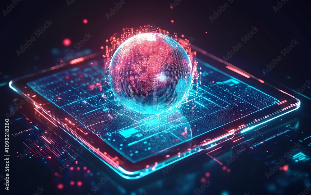 Poster futuristic tablet with a digital globe glowing with lights