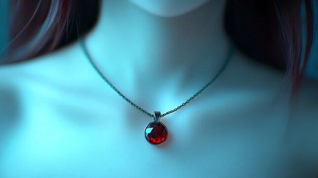 Close-up of a luxurious garnet necklace charm resting on an anime character's collarbone with soft background blur