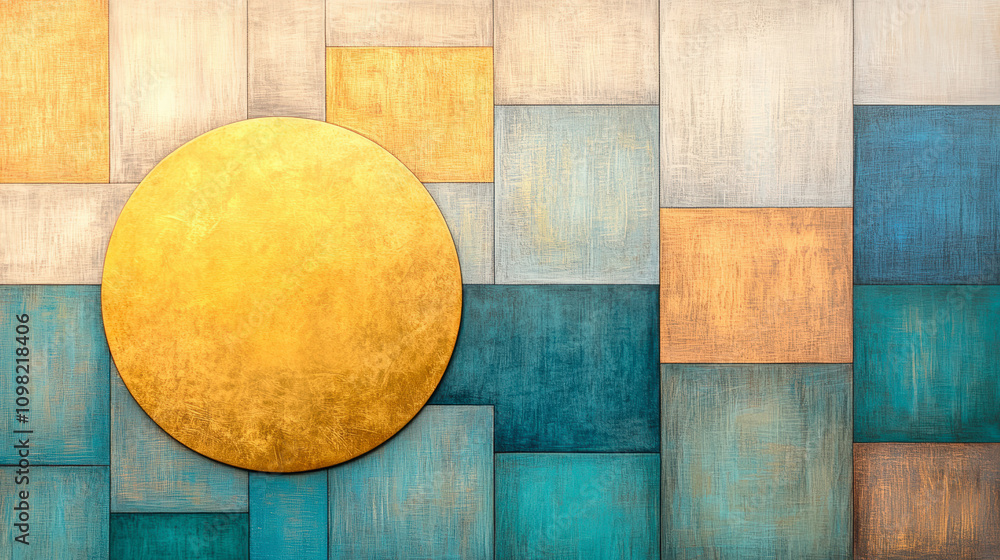 Poster a vibrant geometric artwork features textured, multicolored rectangles and a prominent golden circle