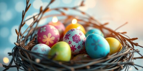 Obraz premium A Nest of Colorful Easter Eggs Decorated with Delicate Floral Patterns, Nestled Among Twigs, Ready for the Festive Celebration
