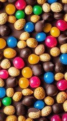 Fototapeta premium A vibrant assortment of colorful candies featuring chocolate-covered treats and nut-shaped confections.