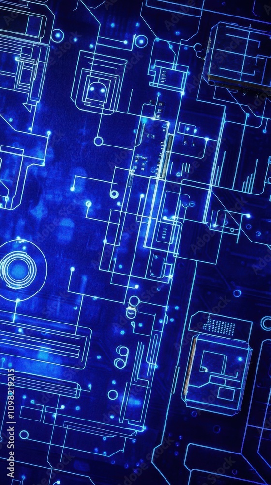 Poster abstract blue circuit board with intricate glowing lines and patterns, representing technology and i