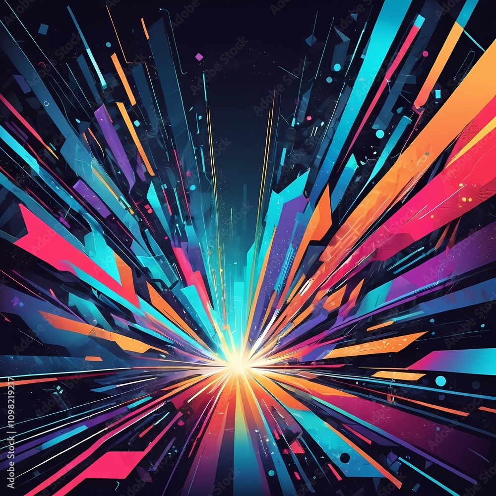 Poster digital artwork depicts an explosion of colors and shapes, representing advanced technology and inno