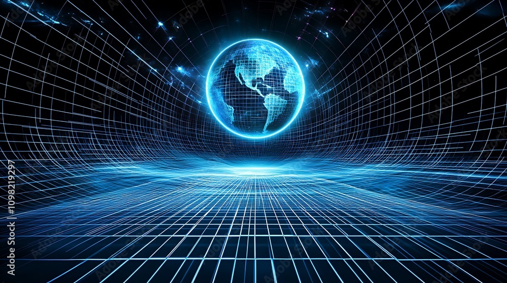 Aufkleber digital world floating in cyberspace with glowing grid lines