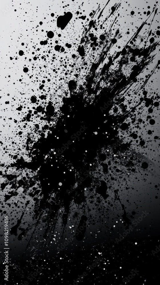 Poster abstract black ink splatter against a gradient gray background, creating a dramatic and dynamic visu