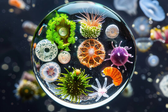 A close-up of microscopic organisms inside a drop of water, shown in high detail
