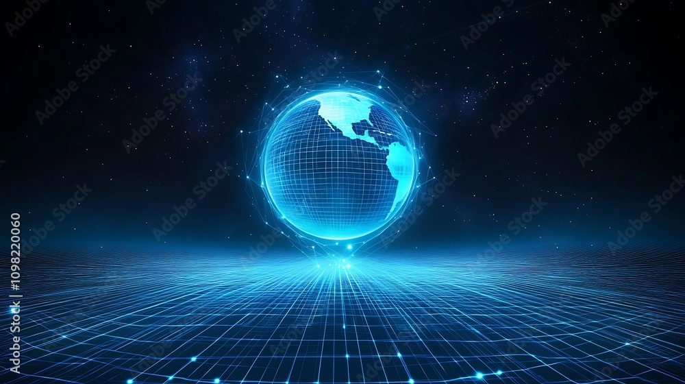 Poster glowing earth hologram floating above grid in space representing global network