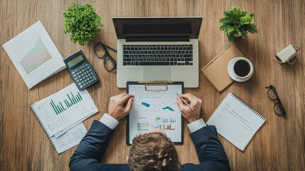 Fototapeta premium Businessperson reviews financial charts at a wooden desk with a laptop, calculator, coffee, and stationery, surrounded by greenery. Perfect for office concept imagery.