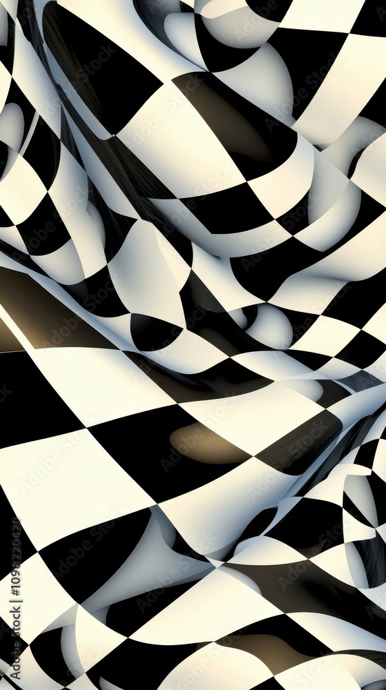 Aufkleber Abstract black and white checkered pattern creating a flowing, dynamic visual effect.