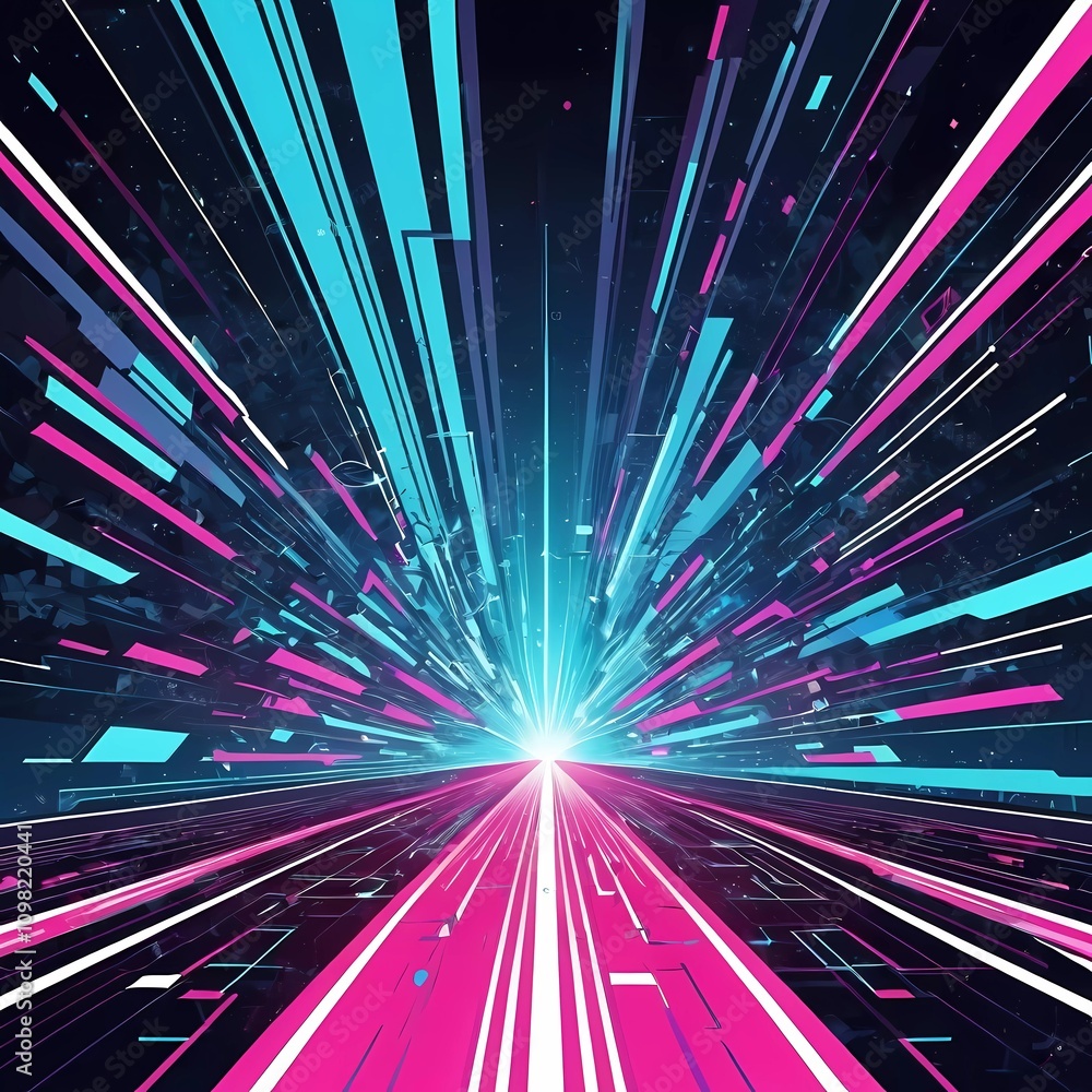 Poster digital artwork depicts an explosion of colors and shapes, representing advanced technology and inno