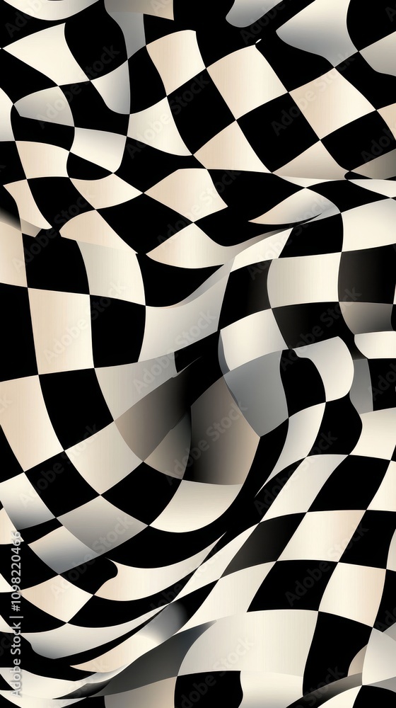 Poster abstract black and white checkered pattern with a wave-like texture, creating a dynamic and visually
