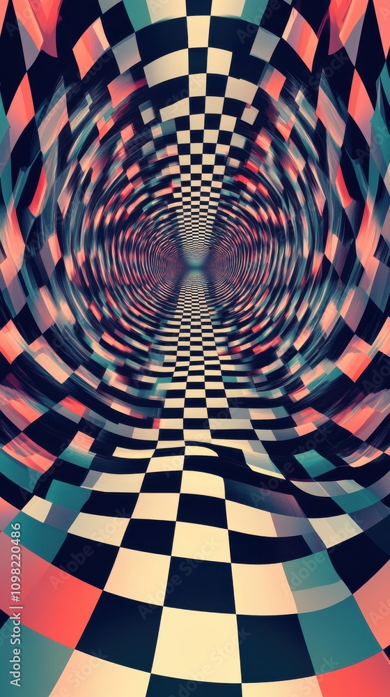 Poster abstract tunnel made of checkered patterns in vibrant colors, creating a surreal experience of depth