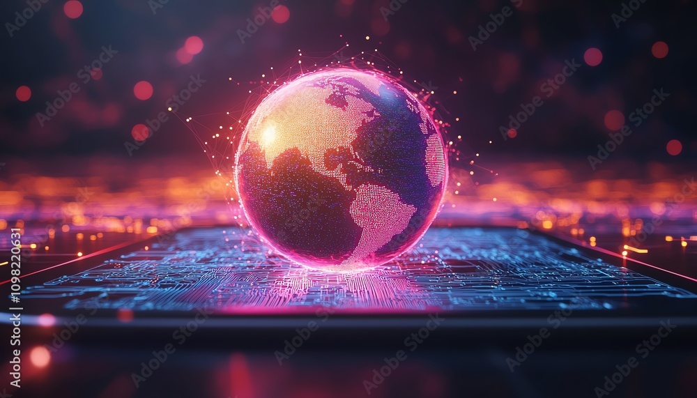 Aufkleber tablet displaying a glowing digital globe, symbolizing global technology and innovation, modern tech