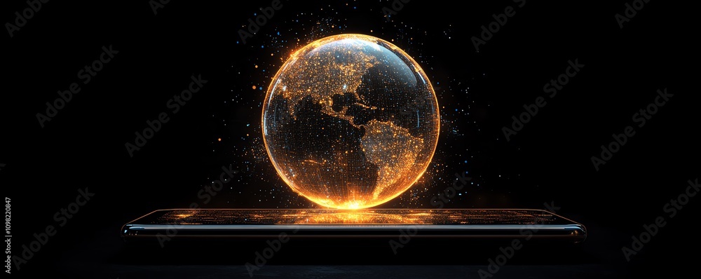 Poster tablet with a digital globe and glowing lights, emphasizing global technology and innovation, modern