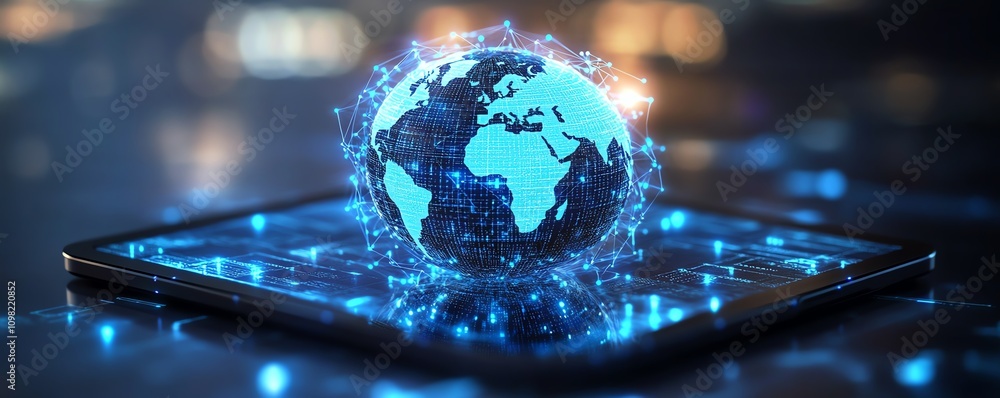 Aufkleber tablet screen showcasing a digital globe with glowing lights, representing technology and global inn