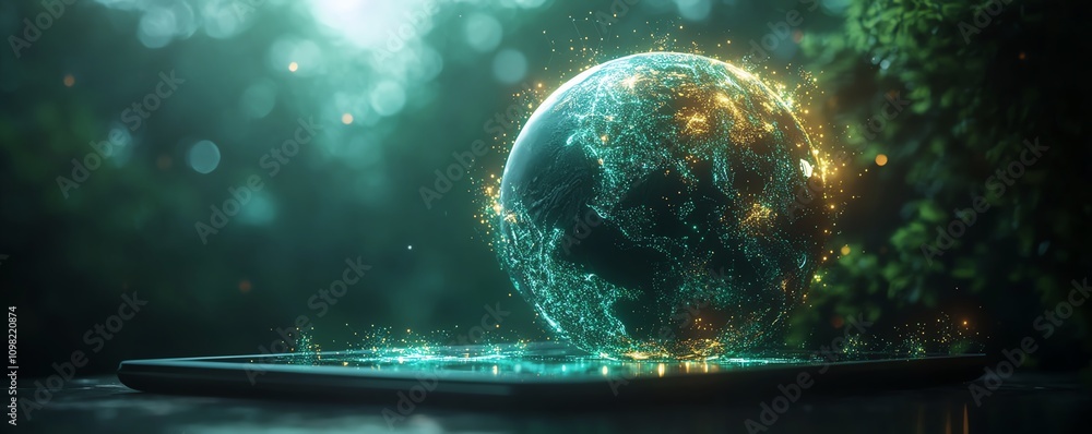 Poster tablet with a digital globe and glowing lights, emphasizing global technology and innovation, modern