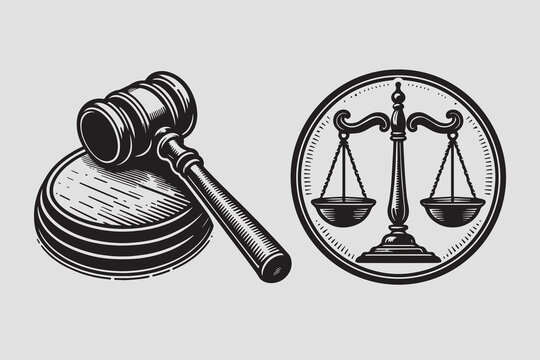 Judge's gavel and scales of justice emblem.  set. Vintage black vector engraving illustration, emblem, sketch, print. Cut out, isolated.