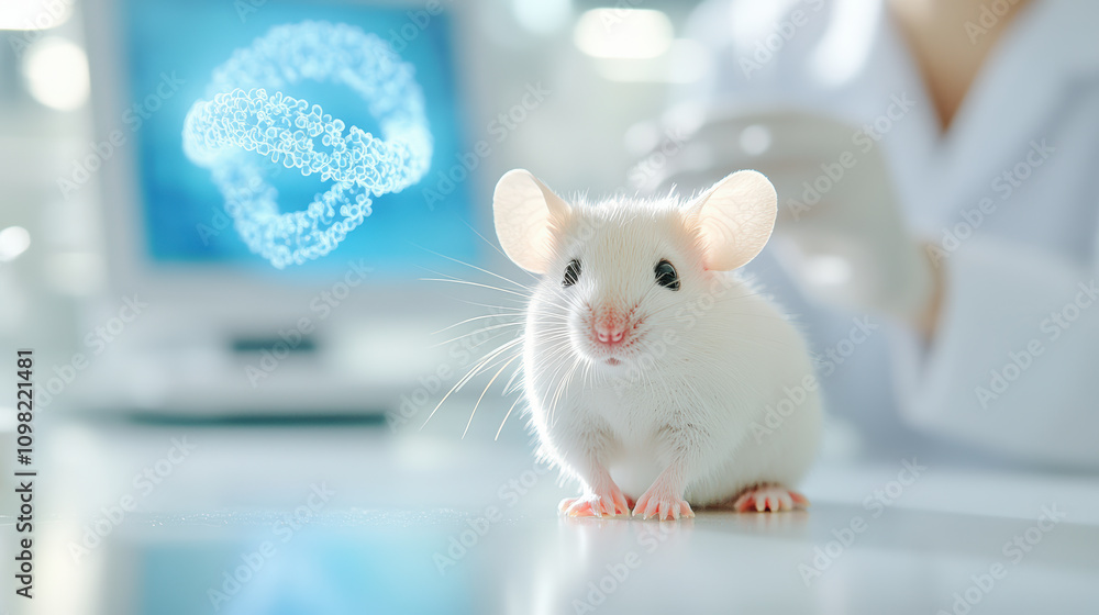 Poster a white laboratory mouse sits on a table, with a scientist in the background and a digital brain hol