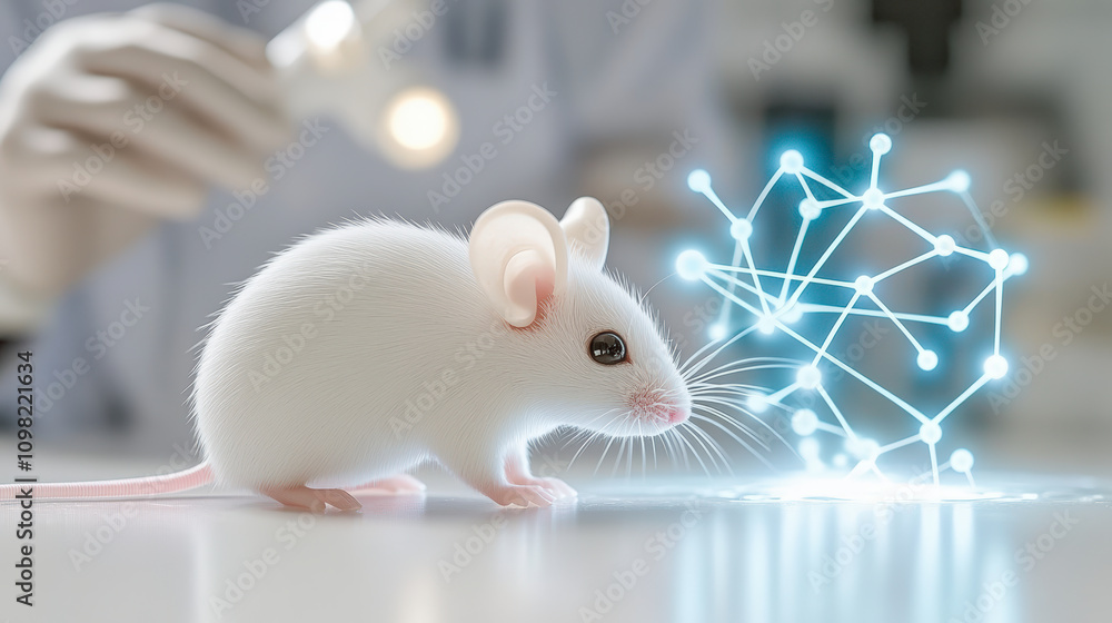 Poster a white mouse interacts with a digital neural network hologram, symbolizing scientific research and 