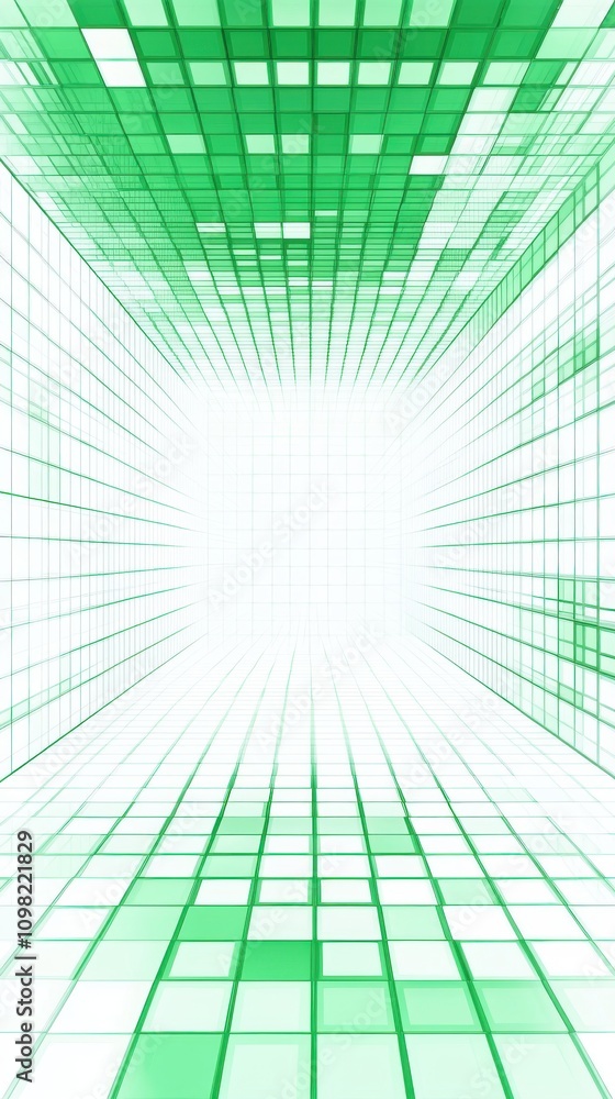 Poster abstract view of a bright green grid tunnel, creating a sense of depth and modernity.