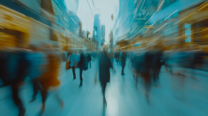 Abstract blurred photo of people walking in the city, with motion blur and a modern architecture background.