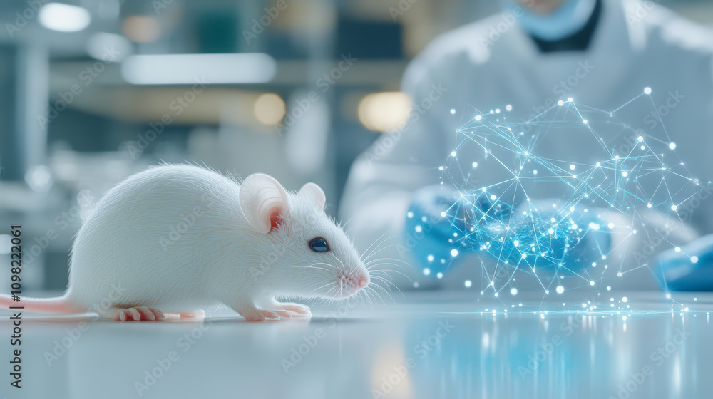 Poster a white lab mouse is in focus while a scientist's hands hold a digital network hologram in a laborat