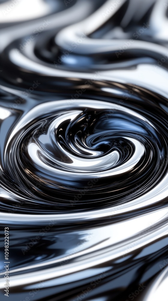 Poster a mesmerizing abstract swirl of metallic liquid, showcasing dynamic patterns in shiny black and silv