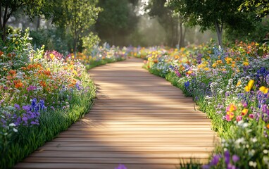 Obraz premium Wooden boardwalk path lined with colorful wildflowers