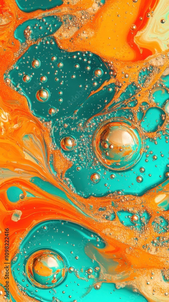 Poster abstract close-up of vibrant orange and turquoise bubbles suspended in fluid, creating a mesmerizing
